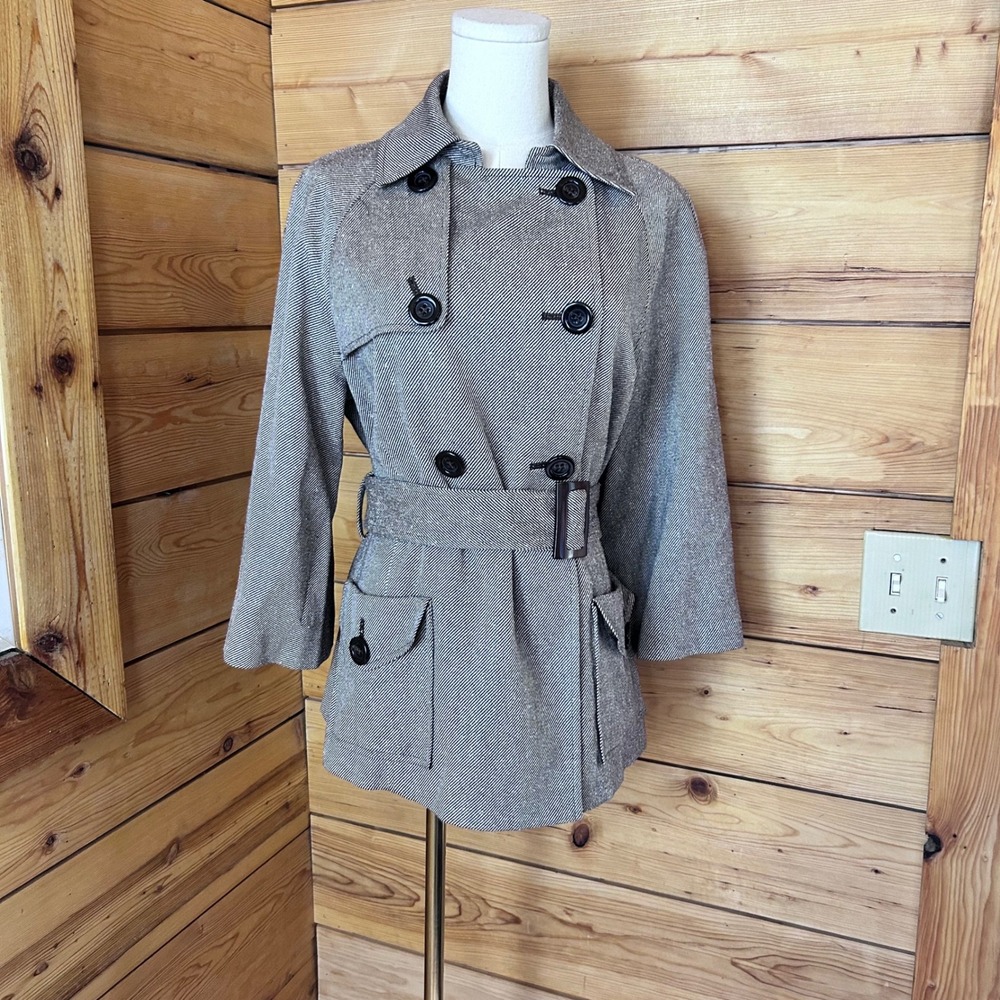 Vintage Silk Wool Trench Coat Women Size 14 Brown Micro Stripe Peacoat Pendleton